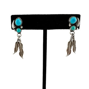 Vintage Navajo Turquoise Earrings Sterling Silver Feathers, Signed Richard Begay